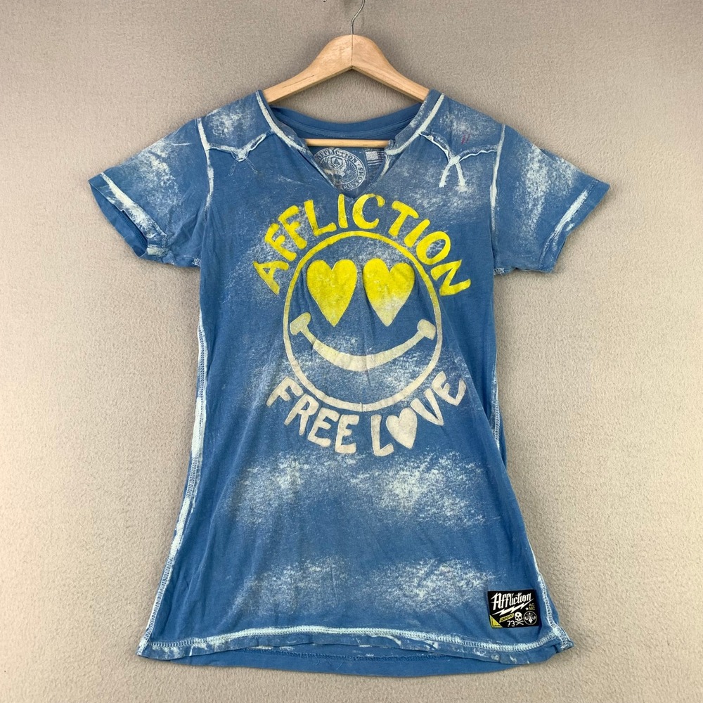 Affliction Free Love T-Shirt Women S Blue Graphic Y2K Distressed Acid Wash Y2K